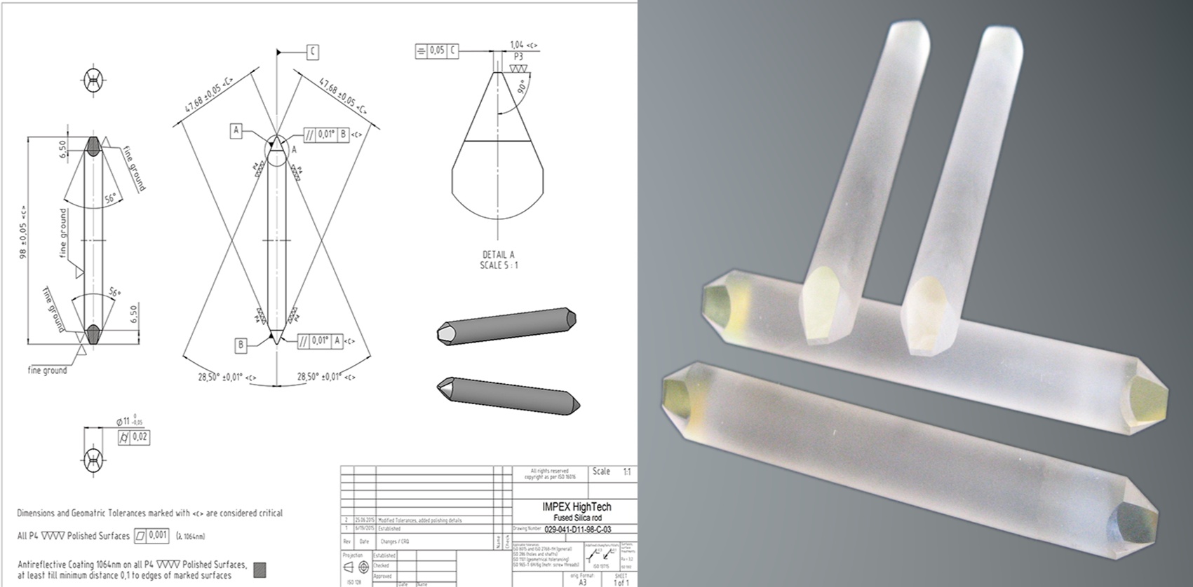 Technical drawing and photo of polished fused silica rod prisms