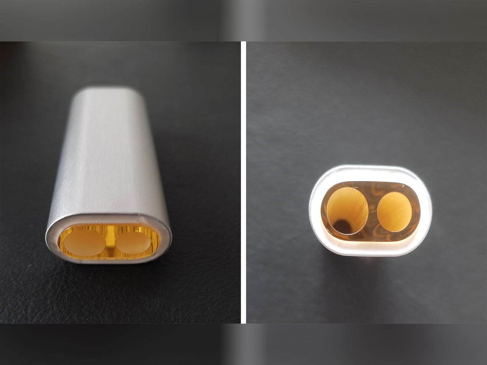 Oval reflector with a two-hole filter inside, side and end views