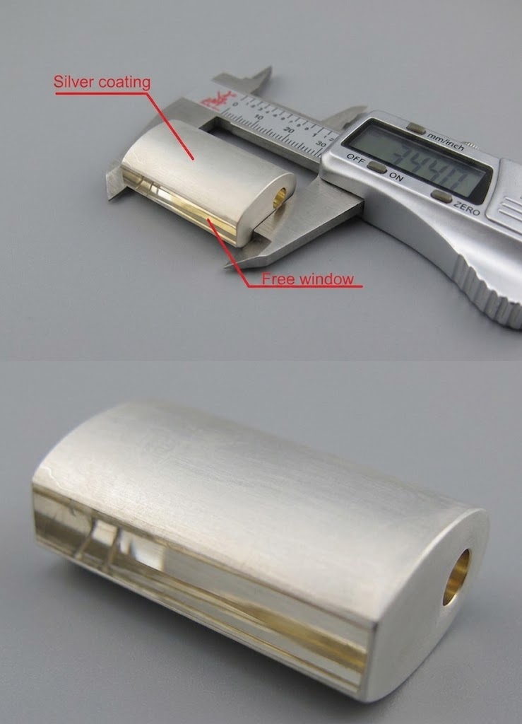 Silver-coated optical component with a free (uncoated) window, measured with a caliper