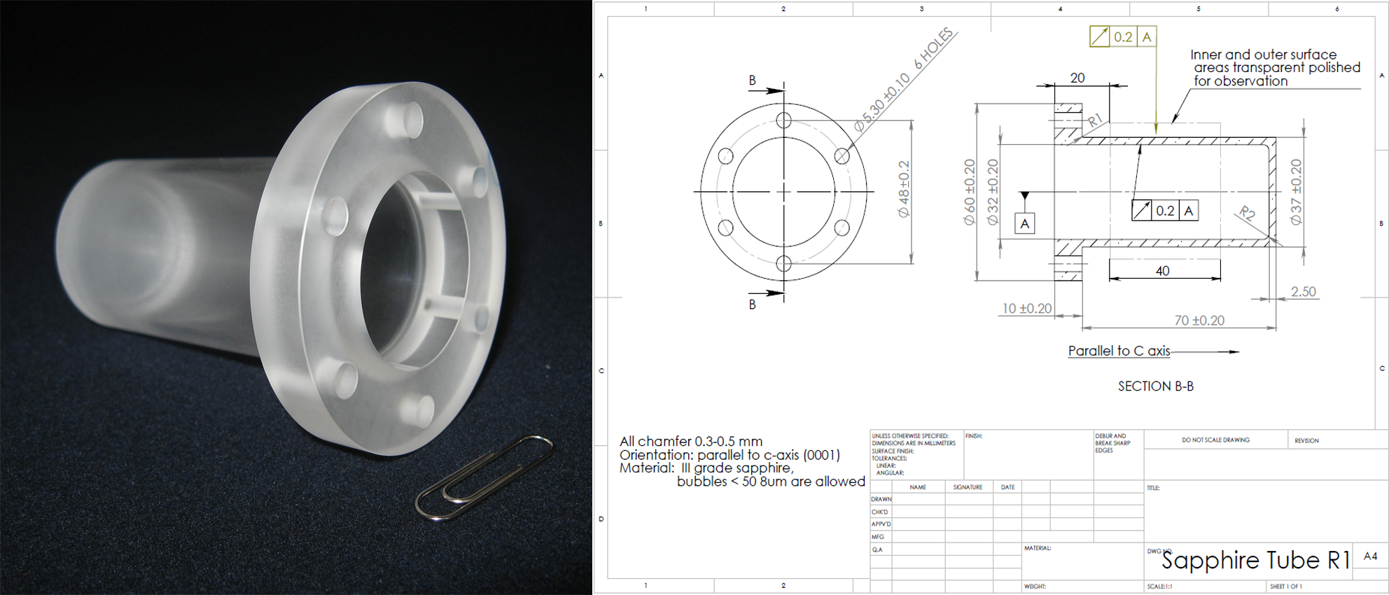 Flanged sapphire tube with six holes and its technical drawing