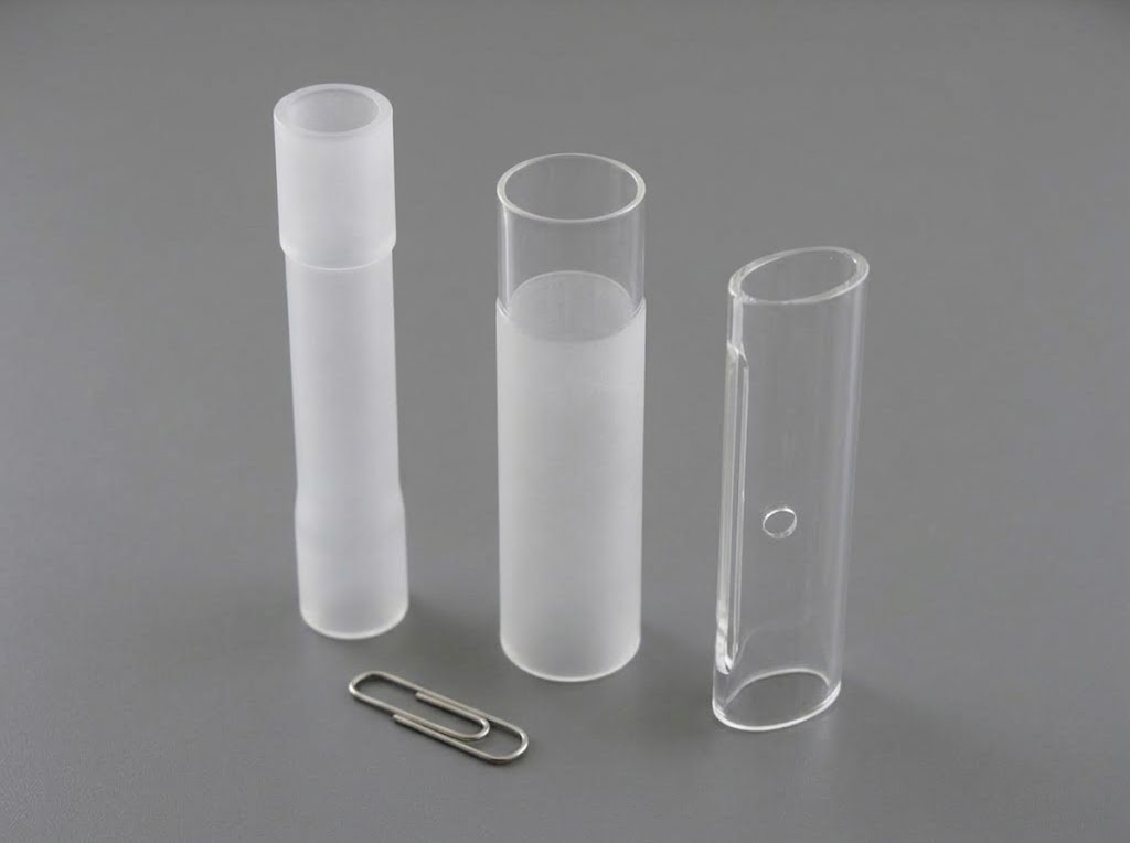 Three tubes with ground and polished sections next to a paper clip