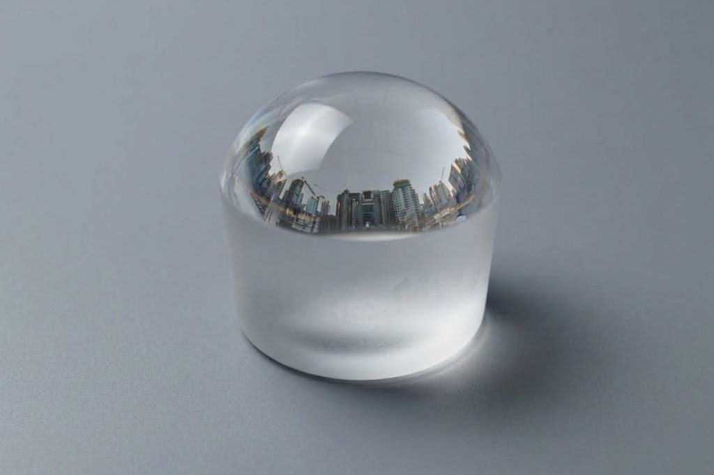 Frosted-edge plano-convex sapphire lens reflecting a city skyline